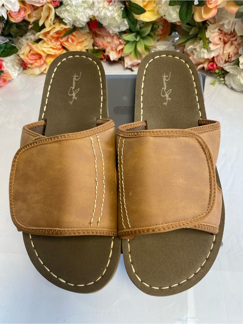 Panama Jack Adjustable Hook & Loop Slide Sandals Brown XL 12-13